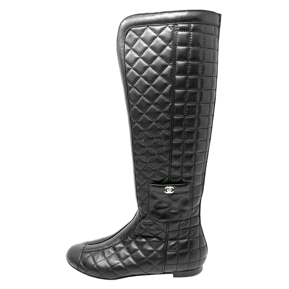 Chanel Black Quilted Leather Knee Boots‎ CC Logo Back Zip 38